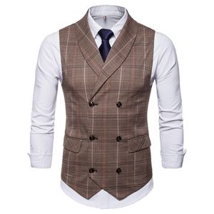 2019 Ny Amazon Vår Höst Hot Sale Mäns Brudgum Vest Plaid Dubbelbröst Casual Waistcoat Men Plaid Suit Vest