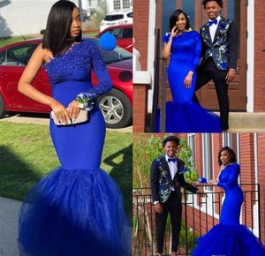 2019 Royal Blue Prom Dresses One Shoulder Long Sleeves Lace applique Satin Tulle Mermaid Women Formal Evening Party Gowns Custom Size