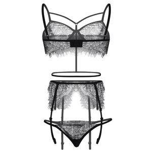 Wholesale-Women's Lace Hollow Out Sous Vetement Femme Sexy Ensemble Perspective Three-piece Underwear Set Lingerie Porno Transparent Bra