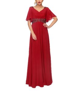 Setwell Red Chiffon V-neck A-line Evening Dress 1/2 Sleeves Pleated Beaded BridesmaidFormal Gown For Women