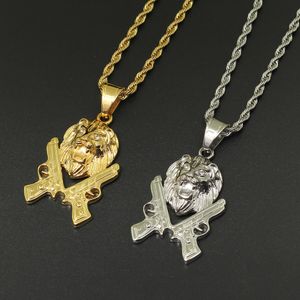 Wholesale 24inch necklace resale online - Stainless Steel Hip Hop Necklace Lion And Gun Pendants Gold Color Silver Color inch Rope Chain SN166