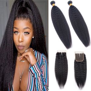 Brazilian Virgin Hair Extensions 2 Bundles With 4X4 Lace Closure Kinky Straight Yaki Human Hair Wefts With Four By Four Closure 8-28inch