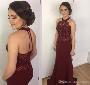 2019 Borgogna Prom Dress Halter Neck con appliques Backless Formal Holidays Wear Laurea Evening Party Gown Custom Made Plus Size