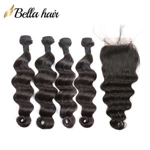 100% ludzkich wiązek do włosów z zamknięciem Brazylijski Virgin Hairloose Deep HairExtensions 4 Wiązki Koronkowe Zamknięcia 4x4 Bezpłatna część Bellahair