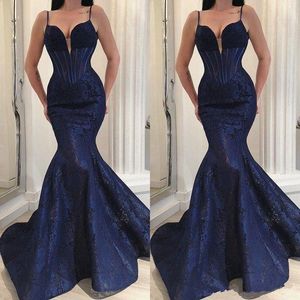 Bedövning Navy Blue Evening Dresses Mermaid Spaghetti Straps 2019 Sexiga Appliques Golvlängd Kvinnor Pageant Occasion Grows Formell Prom Dress