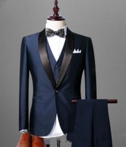 Excellent Navy Blue Groom Tuxedos Black Shawl Lapel Groomsmen Mens Wedding Dress Man Jacket Blazer Business Suit(Jacket+Pants+Vest+Tie) 1676