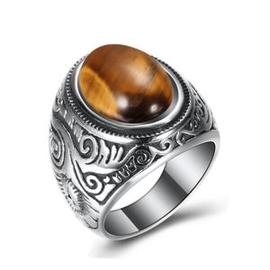 Vintage Titanium Steel Ring Ovala Blå Vit Turkos Tiger Eye Stone Fashion Rings Överdrivna Personliga Smycken Mens Ring Luxury