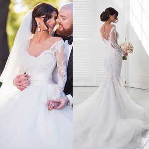 2020 sjöjungfru bröllopsklänningar Porträtt Lace Appliques Tulle med avtagbara Tarin Bröllopsklänningar Sweep Train Bridal Gowns Vestidos de Novia