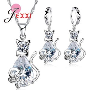 GIEMI Fashion 925 Sterling Silver Sweet Cat Shape Women Necklace Earrings Jewelry Set With Crystal Nice Party Wedding Gift