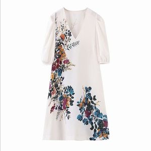 Повседневные платья женщины стильный цветочный узор белый мини платье v шеи половина рукава кармана женское шикарное vestidos