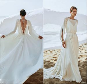 새로운 긴 소매 웨딩 드레스 섹시 Bateau V Back Birdal Gowns Backless 여름 스윕 기차 웨딩 드레스