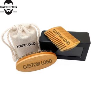 MOQ 50pcs OEM Customized LOGO Hair Beard Kits Set for Men's Grooming Bamboo Brush & Sandalwood Beards Comb Gift Box Bag with Custom Name