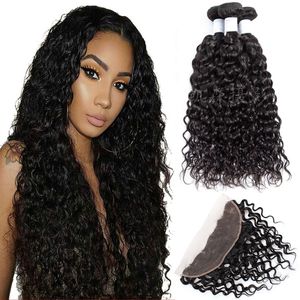 Mongolian Virgin Hair 3 Pacotes com 13x4 Lace Water frontal Wave 100% Extensões de cabelo humano com 13 por 4 frontal 4 peças / lote