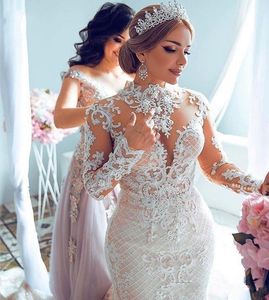 Arabic Dubai Champagne New Mermaid Wedding Dresses High Neck Illusion Long Sleeves Lace Appliques Crystal Beads Button Back Bridal Gowns