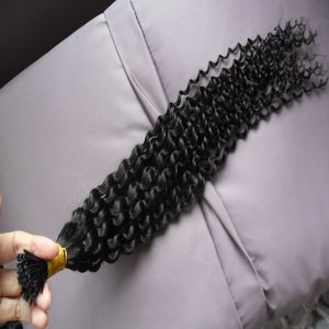 Italienska Keratin Mänskliga hårförlängningar Kinky Curly Stick Jag Tips Hårförlängningar Pre Bonded Virgin Brasilianska Kinky Curly Remy Hair Extensions