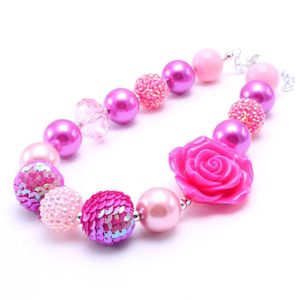 Big Rose Flower Kid Chunky Necklace Hot Pink Color Design Bubblegum Bead Chunky Necklace Children Jewelry For Toddler Girls
