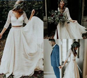 Bohemian Beach 2019 Wedding Dresses Lace Appliqued V Neck Bridal Gowns Glamorous 3/4 Sleeve Boho Chiffon Wedding Dress Robe De Mariée