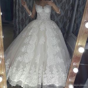 Lace Applique Ball Gown Dresses With Straps Organza Sweep Train Custom Made Plus Size Wedding Bridal Gowns