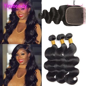Brazilian Human Hair 3 Bundles With 7X7 Lace Closure Natural Color Body Wave Virgin Hair Extensions With Seven By Seven Closure