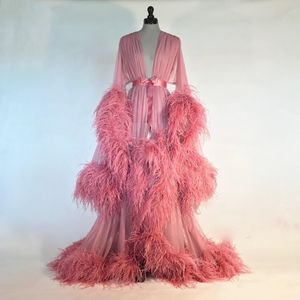 Pink Feather Bridesmaid Nightgowns Sleepwear Long Sleeve Women Winter Sexy Kimono Pregnant Party Sleepwear Bridal Nightdress Sheer Nightgown