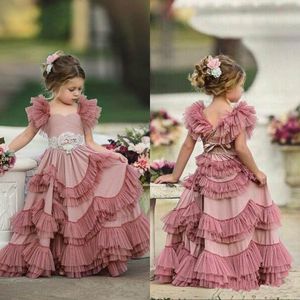 Princess A Line Lace Flower Girl Dresses For Weddings Cap Sleeves Bohemian Tiered Ruffles Girls Pageant Dress Custom Made