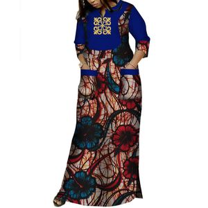 Dashiki Vestidos Africanos para As Mulheres Bazin Riche Applique Imprimir Longos Vestidos com 2 Bolsos Roupa Tradicional Africano WY3620