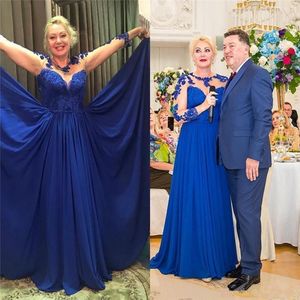 Azul real mãe elegante de vestidos de noiva renda applique chiffon até o chão jóia ilusão 3/4 mangas compridas plus size vestidos de noite