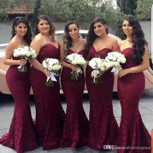 2019 Burgundy Mermaid Lace Country Style Bridesmaid Dress Sweep Trian Maid of Honor Dress Wedding Guest Gown Custom Made Plus Size