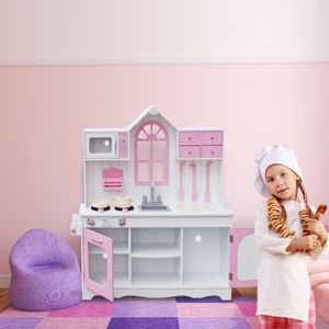 Kids Wood Kitchen Toy Cooking Pretend Play Set Toddler Wooden Playset with Kitchenware Pink on Sale
