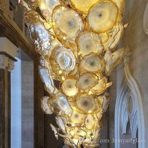 Royal Golden Expensive Hand Blown Glass Art Lighting Fixture Flower Murano Hanging Plates Chandelier for Hotel Villa Stars Decor