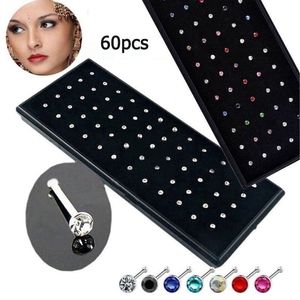 Amazing 60pcs set Crystal Rhinestone Nose Ring Stainless Steel Body Jewelry Nose Studs Piercing Women Fashion Accessories