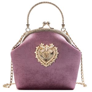 Female Velvet Pearl Handbag Shoulder Cross-body Bags Vintage Velour Heart Design Evening Bag Wedding Party Bride Clutch Bag Purse