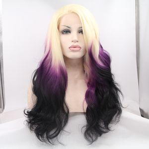 Sexig Cosplay Long Body Wave Wig Gluveless Ombre Purple Syntetisk Lace Front Pärlor med Bangs 180% Densitet Värmebeständig Fiber Paryk för kvinnor