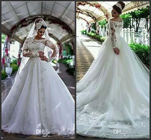 White Tulle Ball Gown Long Sleeve Wedding Dresses Crystal Lace Applique 2020 Cheap Vintage Wedding Gown Vestidos De Novia