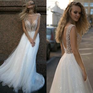 Abiti Boho Sexy A Line Sheer Neck Manica ad aletta Perline Abito da sposa in tulle Abiti da sposa Abito formale da sposa con perline di cristallo