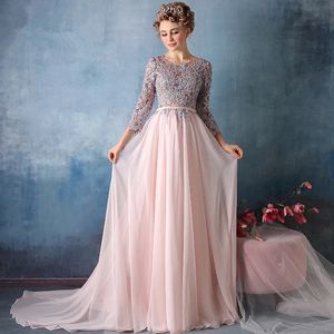 Elegant rosa chiffong plus storlek brudtärna klänningar långa ärmar pärlor en linje bröllop gästklänning formell kväll prom party klänning