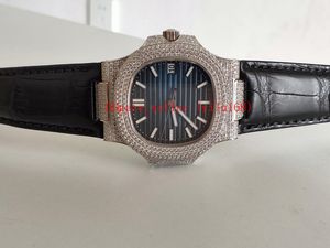 Luxury Nautilus Diamond Klockor för Kvinnor Män 5711 SSS Factory 40mm Toppkvalitet Svart Läder Armbandsur Diamond Cal 324 Rörelse