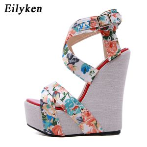 Eilyken 실크 여성 하이힐 샌들 여름 여성의 신발 관음증 발가락 웨지 플랫폼 샌들 CX200613 꽃 웨지 신발 인쇄