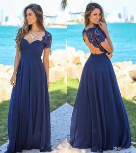 Ny marinblå Blue Blush Country Bridesmaid Dresses Scoop Hollow Back Lace Top Chiffon Beach Garden Wedding Guest Maid of Honor Dresses HY4019
