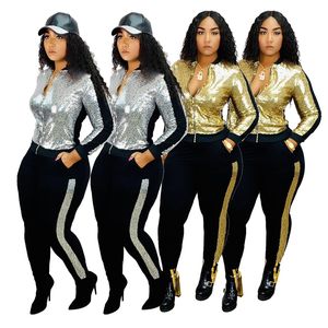 Sexy Sequin 2 Piece Club Outfits for Women Long Sleeve Glitter Sequins Zipper Jacket and Bodycon Long Pants Set