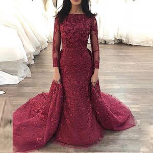 New Arabic Bury Mermaid Prom Dresses Jewel Neck Long Sleeves Lace Appliques Crystal Beaded Overskirts Evening Dress Wear Party Gowns