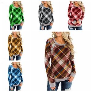 Outono O Pescoço Blusas Imprimir Botão Sweater xadrez Camisas Mulheres Verificação T-Shirts Garota Grade Manga Longa Tops Hoodies Traje Vestidos Azz6512