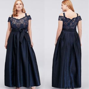 Dark Navy Plus Size Lace Prom Dresses Off The Shoulder Evening Gowns With Sash A Line Cheap Taffeta Floor Length Formal Dress SD3369