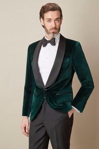 Modny Przycisk Dark Green Velvet Wedding Groom Tuxedos Szal Kapel Groomsmen Mężczyźni Garnitury Prom Blazer (Kurtka + Spodnie + Krawat) No: 2132