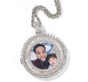 18K Gold Custom Made Diamond Frame Baguette Zircon Round Photo Medallions Pendant Necklace with 3mm Rope Chain