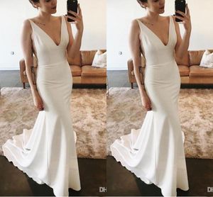 Beach Cheap Sexy Simple Mermaid Dresses Deep V-neck Backless Sweep Train Satin Wedding Dress Bridal Gowns Vestidos De Novia