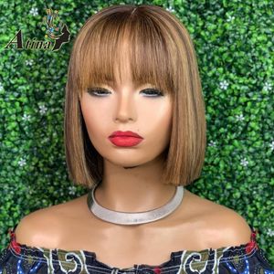 تسليط الضوء على Bob Wig 13x6 Lace Front Shot شعر مستعار بشعر بشري مع الانفجارات بنية اللون البني والعسل الأشقر Atina 150 ٪ remy