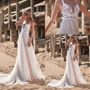 Modestas uma linha MaisonsIntore Vestidos Bohemian Spaghetti Sem Mangas Tule Lace Applique Sash Vestidos de Noiva Varredura Robe de Mariée