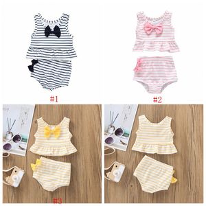 Flicka badkläder barn randig baddräkt tvådelat baby bowknot ärmlös baddräkter sommar mode prinsessan beachwear bikini kostymer b857