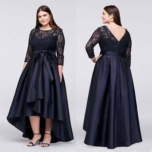 Granatowy plus size wysokie niskie sukienki formalne z pół rękawami Sheer Jewel Neck Koronki wieczorowe Suknie Wieczorowe A-Line Tanie Krótka sukienka SD3350